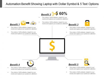 Automation benefit showing laptop with dollar symbol and 5 text options