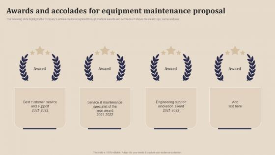 Awards And Accolades For Equipment Maintenance Proposal Ppt Slides Example File