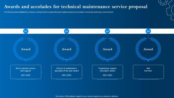Awards And Accolades For Technical Maintenance Service Proposal Ppt Professional