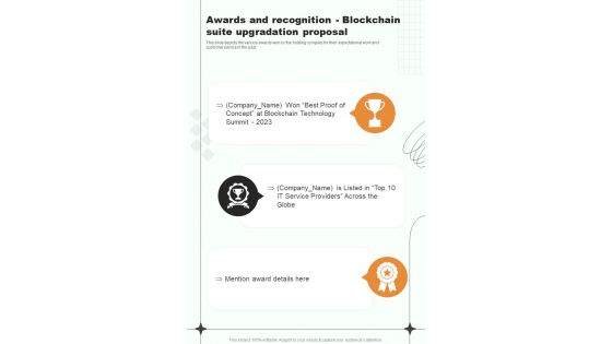 Awards And Recognition Blockchain Suite Upgradation One Pager Sample Example Document