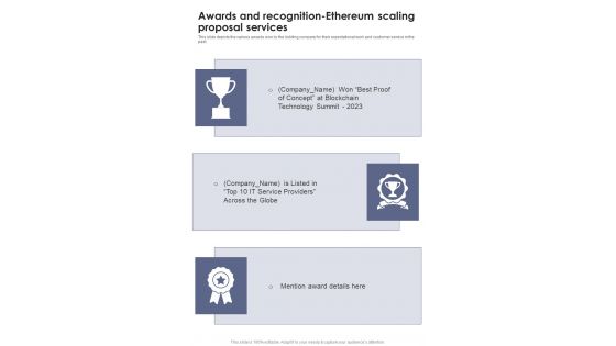 Awards And Recognition Ethereum Scaling Proposal Services One Pager Sample Example Document