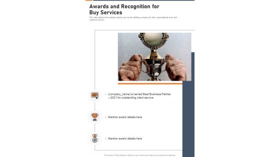 Awards And Recognition For Buy Services One Pager Sample Example Document