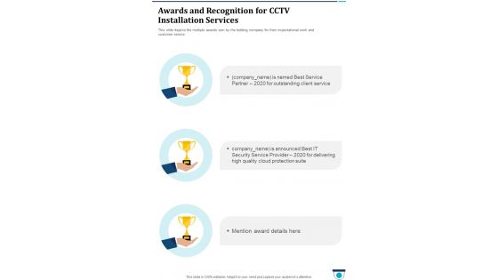 Awards And Recognition For Cctv Installation Services One Pager Sample Example Document