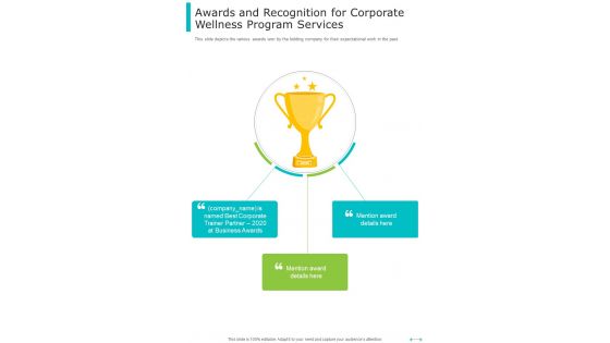 Awards And Recognition For Corporate Wellness Program Services One Pager Sample Example Document
