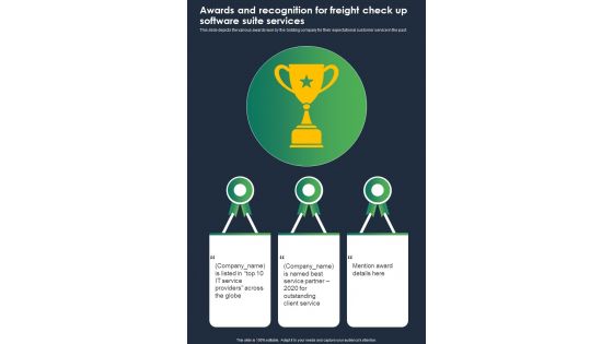 Awards And Recognition For Freight Check Up Software Suite One Pager Sample Example Document