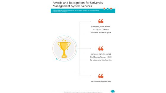 Awards And Recognition For University Management System Services One Pager Sample Example Document