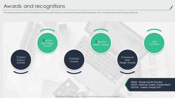 Awards And Recognitions Graphic Design Company Profile Ppt Powerpoint Presentation Diagram Ppt