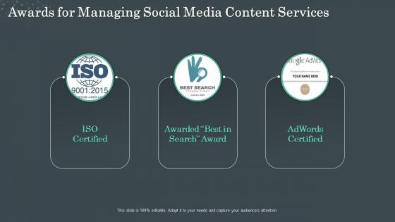 Awards for managing social media content services ppt slides model