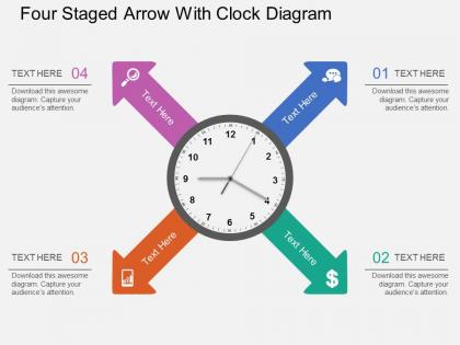 Ay four staged arrow with clock diagram flat powerpoint design