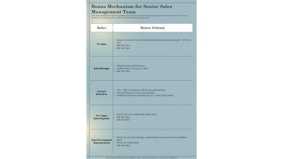 B2B Sales Playbook Bonus Mechanism For Senior Sales Management One Pager Sample Example Document
