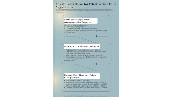 B2B Sales Playbook Key Considerations For Effective B2B Sales Negotiations One Pager Sample Example Document