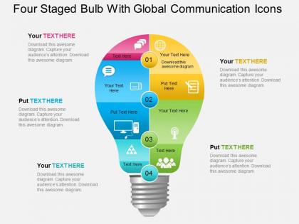 Ba four staged bulb with global communication icons powerpoint template