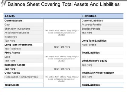 Balance sheet covering total assets and liabilities