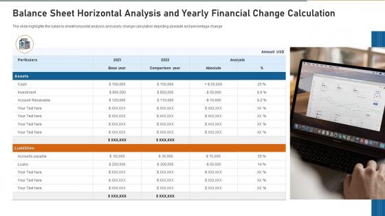 Balance sheet horizontal analysis and yearly financial change calculation