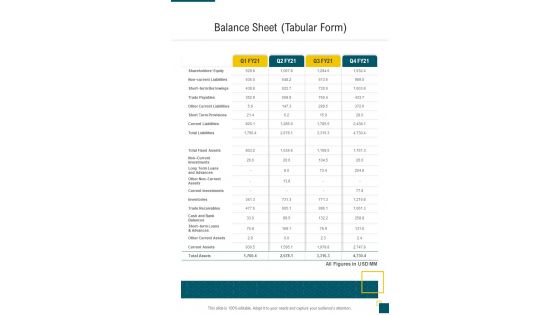Balance Sheet Tabular Form Financial Proposal One Pager Sample Example Document