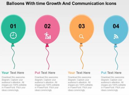 Balloons with time growth and communication icons flat powerpoint design