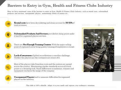 Barriers to entry in gym health and fitness clubs industry ppt powerpoint presentation layouts infographic