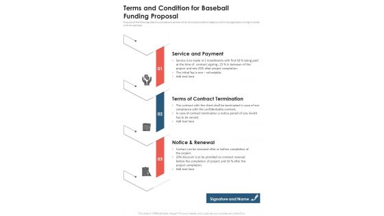 Baseball Funding Proposal For Terms And Condition One Pager Sample Example Document