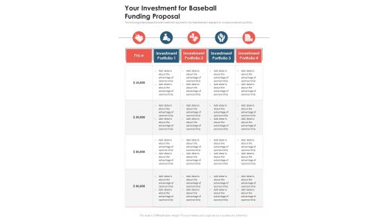 Baseball Funding Proposal For Your Investment One Pager Sample Example Document