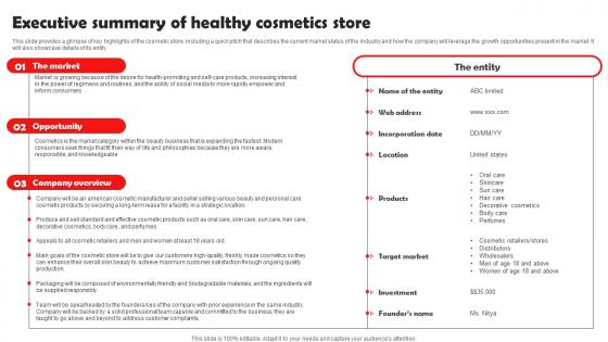 Beauty And Cosmetic Business Executive Summary Of Healthy Cosmetics Store BP SS