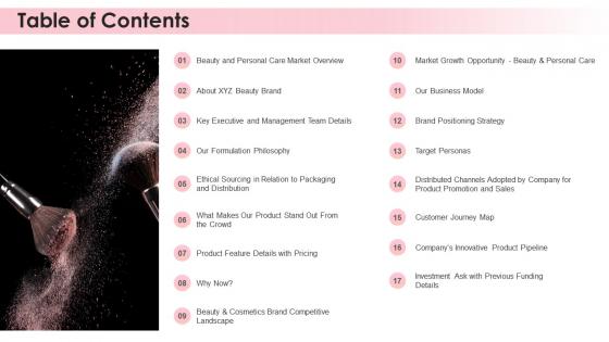 Beauty brand table of contents ppt slides picture ppt slides outfit