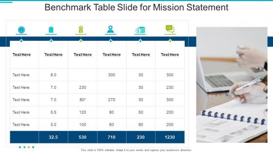 Benchmark table slide for mission statement infographic template