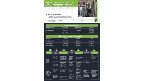 Benefit Realization Plan For City Development Program Presentation Report Infographic PPT PDF Document
