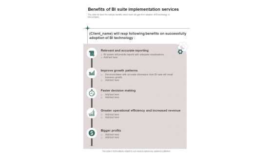 Benefits Of BI Suite Implementation One Pager Sample Example Document