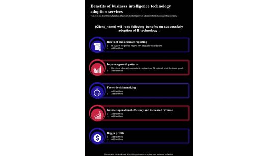 Benefits Of Business Intelligence Technology Adoption Services One Pager Sample Example Document