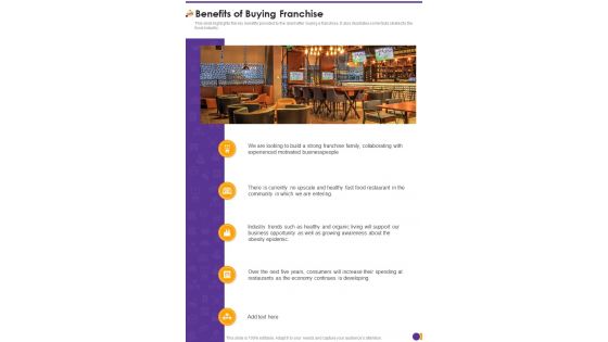 Benefits Of Buying Franchise Restaurant Franchise Proposal One Pager Sample Example Document
