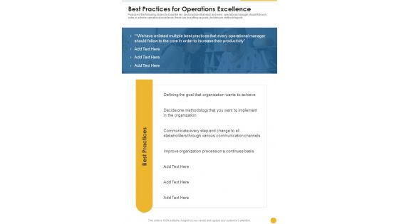 Best Practices For Operations Excellence One Pager Sample Example Document