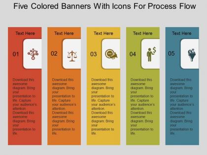 Bg five colored banners with icons for process flow flat powerpoint design