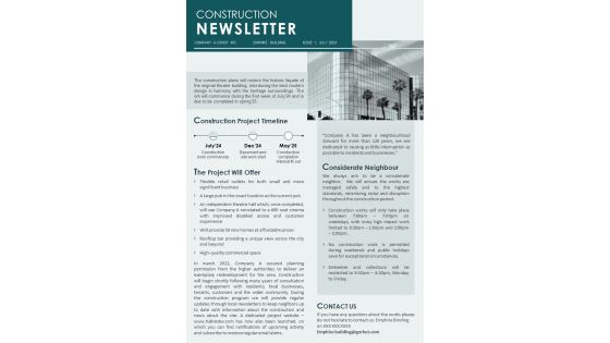 One Page Construction Plan Detailed Newsletter Presentation Report Infographic PPT PDF Document