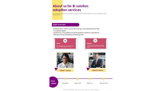 BI Solution Adoption For About Us For BI Solution Adoption One Pager Sample Example Document
