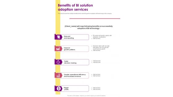 BI Solution Adoption For Benefits One Pager Sample Example Document