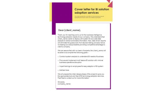 BI Solution Adoption For Cover Letter One Pager Sample Example Document