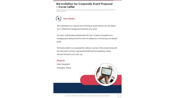 Bid Invitation For Corporate Event Proposal Cover Letter One Pager Sample Example Document