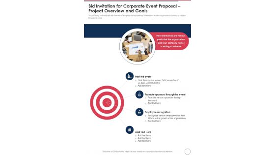 Bid Invitation For Corporate Event Proposal Project Overview And Goals One Pager Sample Example Document