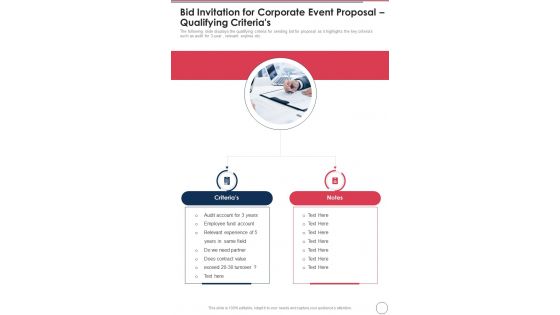Bid Invitation For Corporate Event Proposal Qualifying Criterias One Pager Sample Example Document