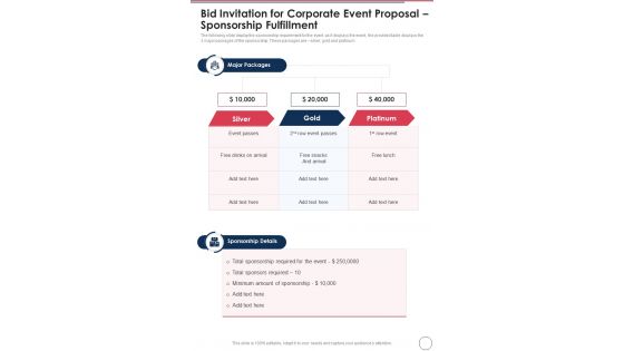 Bid Invitation For Corporate Event Proposal Sponsorship Fulfillment One Pager Sample Example Document