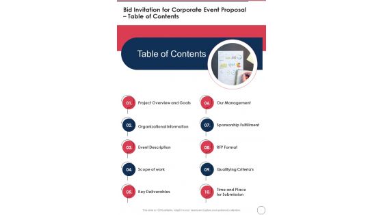 Bid Invitation For Corporate Event Proposal Table Of Contents One Pager Sample Example Document