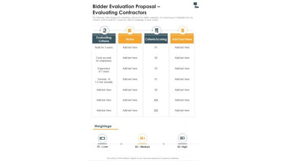 Bidder Evaluation Proposal Evaluating Contractors One Pager Sample Example Document