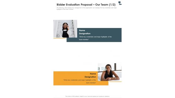 Bidder Evaluation Proposal Our Team One Pager Sample Example Document