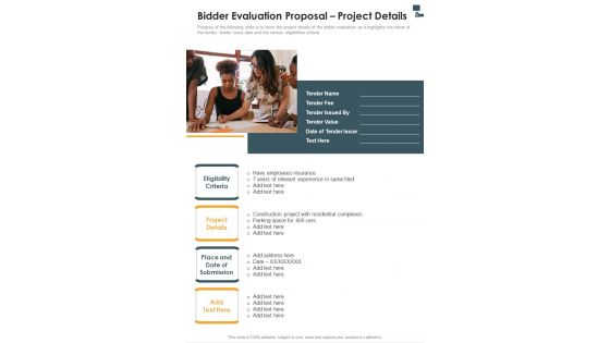 Bidder Evaluation Proposal Project Details One Pager Sample Example Document