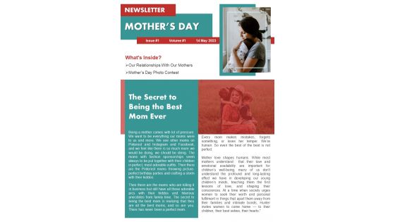 Bifold Mothers Day Newsletter Presentation Report Infographic PPT PDF Document