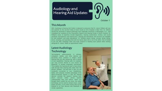 Bifold One Page Audiology And Hearing Aid Newsletter Presentation Report Infographic Ppt Pdf Document
