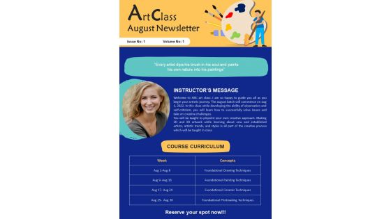 Bifold One Page August Art And Craft Class Newsletter Presentation Report Infographic Ppt Pdf Document