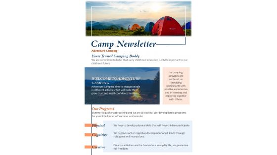 Bifold One Page Camping Newsletter Template Presentation Report Infographic PPT PDF Document