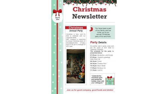 Bifold One Page Corporate Christmas Event Invitation Newsletter Presentation Report Infographic PPT PDF Document