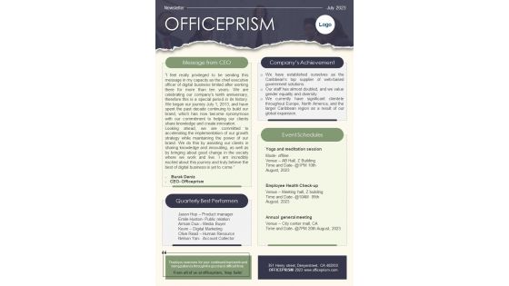 One Page Corporate Internal Communication Newsletter Presentation Report Infographic PPT PDF Document